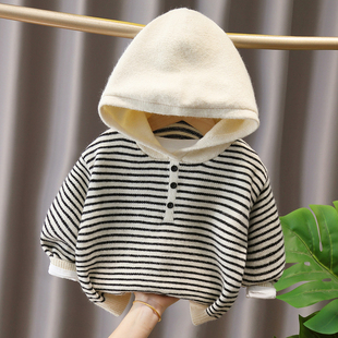 小童时髦连帽条纹毛衣男女童2025秋冬装宝宝针织衫韩版儿童打底衫