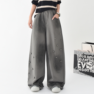 宽松喷墨街舞拖地休闲裤 女秋冬新款 男 潮流卫裤 510克重磅纯棉美式