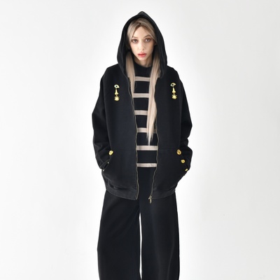 2025秋冬新款男女同款开衫外套黑色做旧毛圈加绒加厚连帽拉链卫衣
