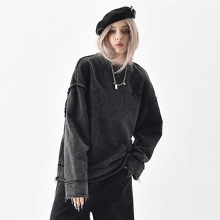 纯棉水洗做旧高街长袖 新款 上衣 复古情侣卫衣女2025秋季 设计感美式