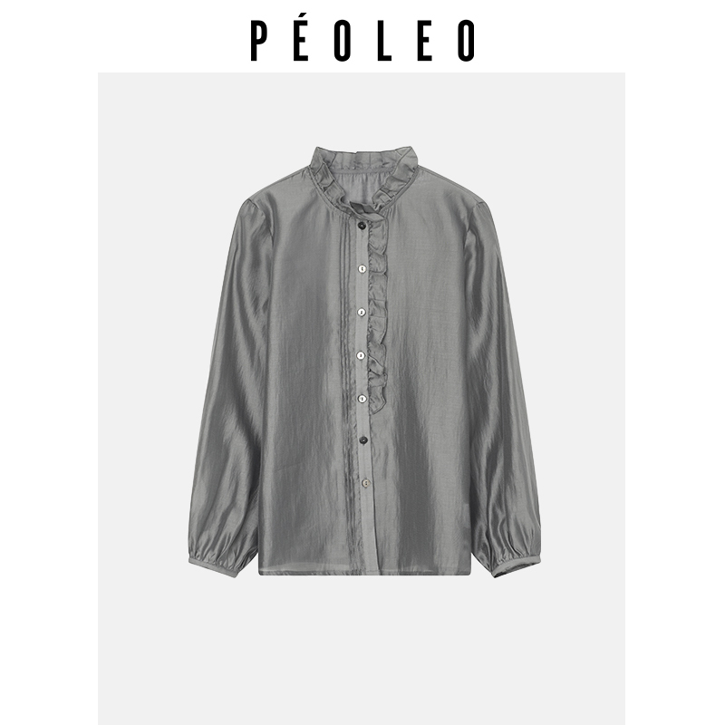 飘蕾法式复古宫廷风雪纺长袖衬衫2025秋季新款通勤浅灰荷叶领衬衣