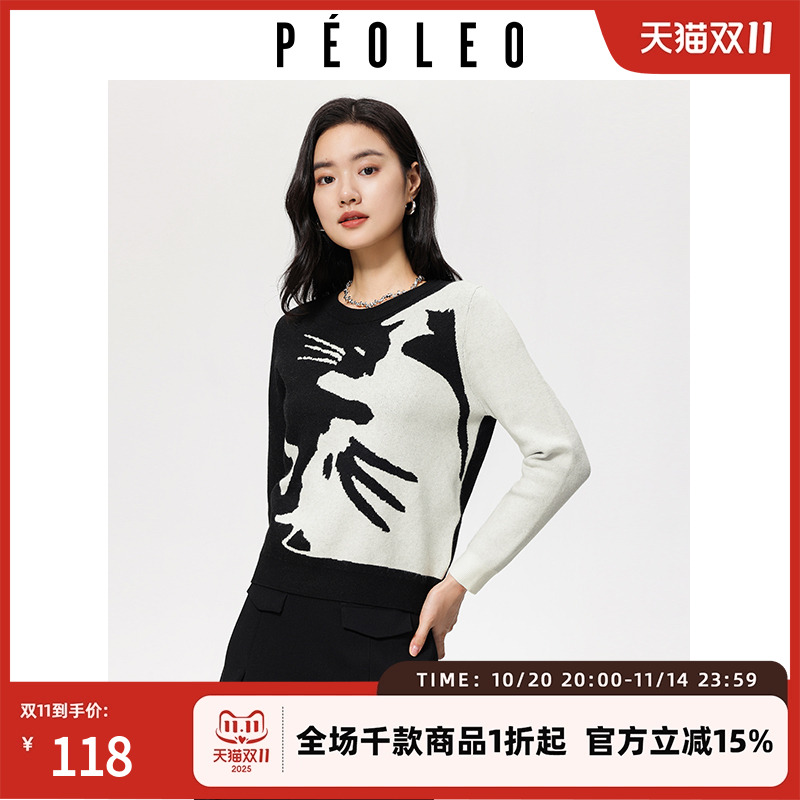 飘蕾拼色毛衣针织衫冬季新款猫咪图案可爱减龄小众设计长袖女