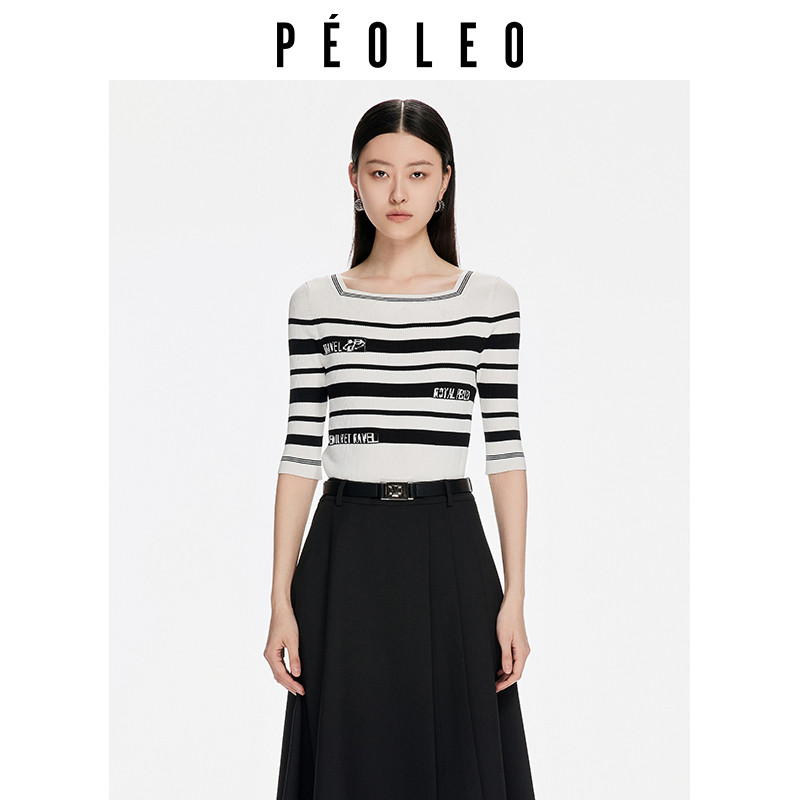 飘蕾锁骨方领条纹针织衫女秋季新款法式气质时尚修身显瘦毛衫