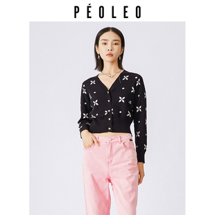 甜美减龄修身 飘蕾黑色花版 新款 V领针织开衫 舒适毛衣 女秋季