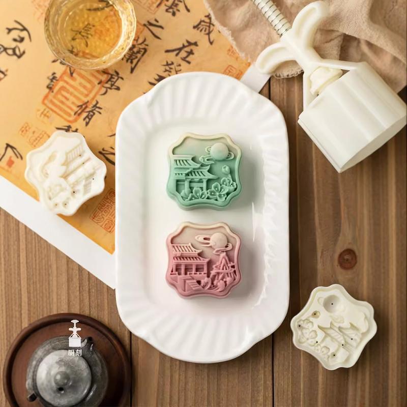 三木新品原创75克望月楼月饼模具国风明月宫殿手压式绿豆糕糕点模