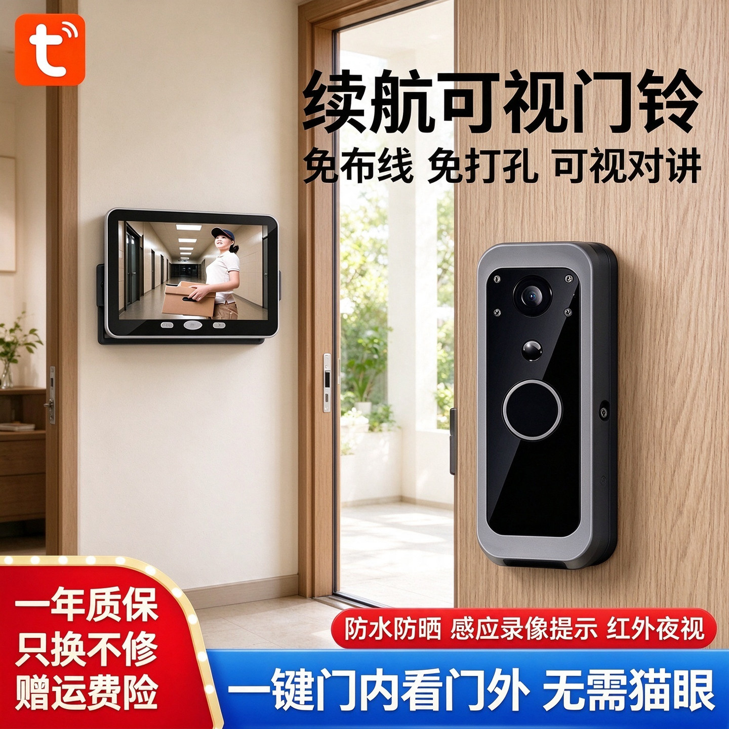 无线智能可视门铃家用监控带显示屏WiFi摄像头涂鸦智能猫眼手机远程语音高清夜视电池长续航大广角门口防水