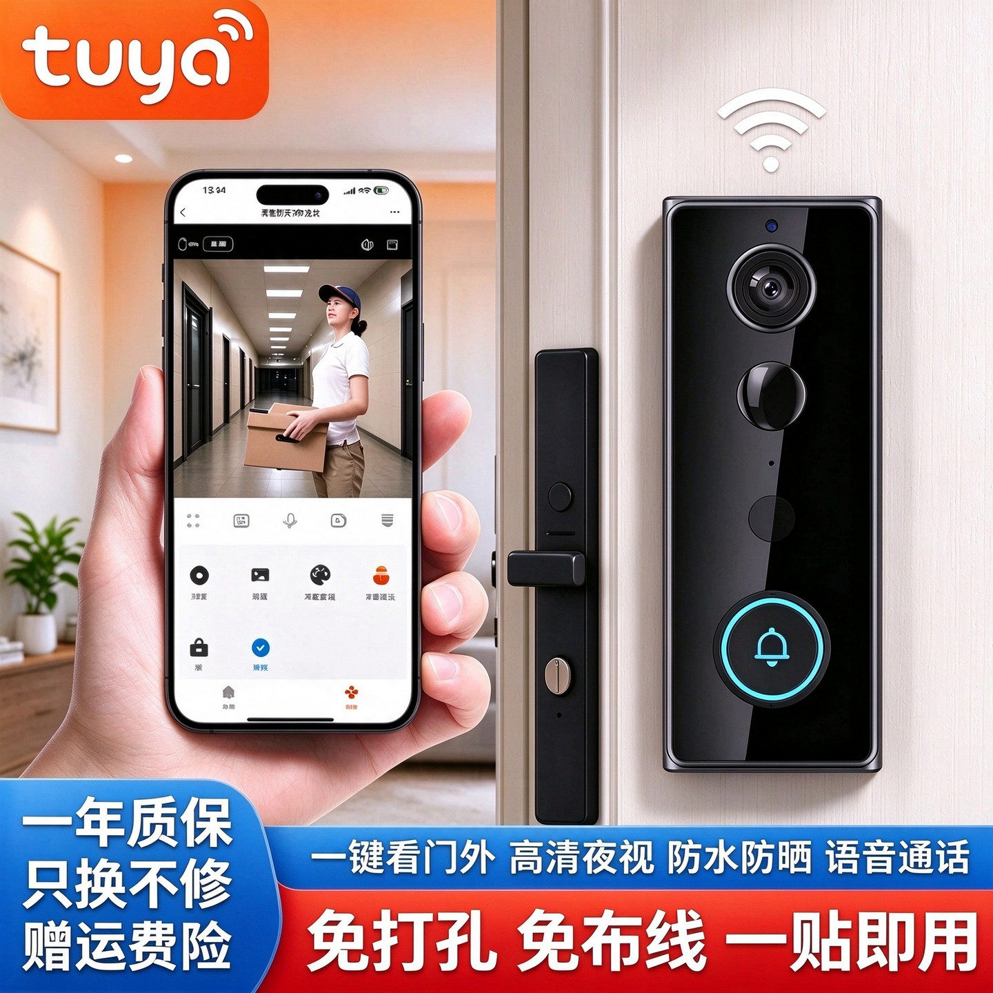 无线WiFi可视门铃续航家门口监控摄像头涂鸦智能手机远程免打孔免插电入户门镜电子猫眼摄影头大广角语音通话