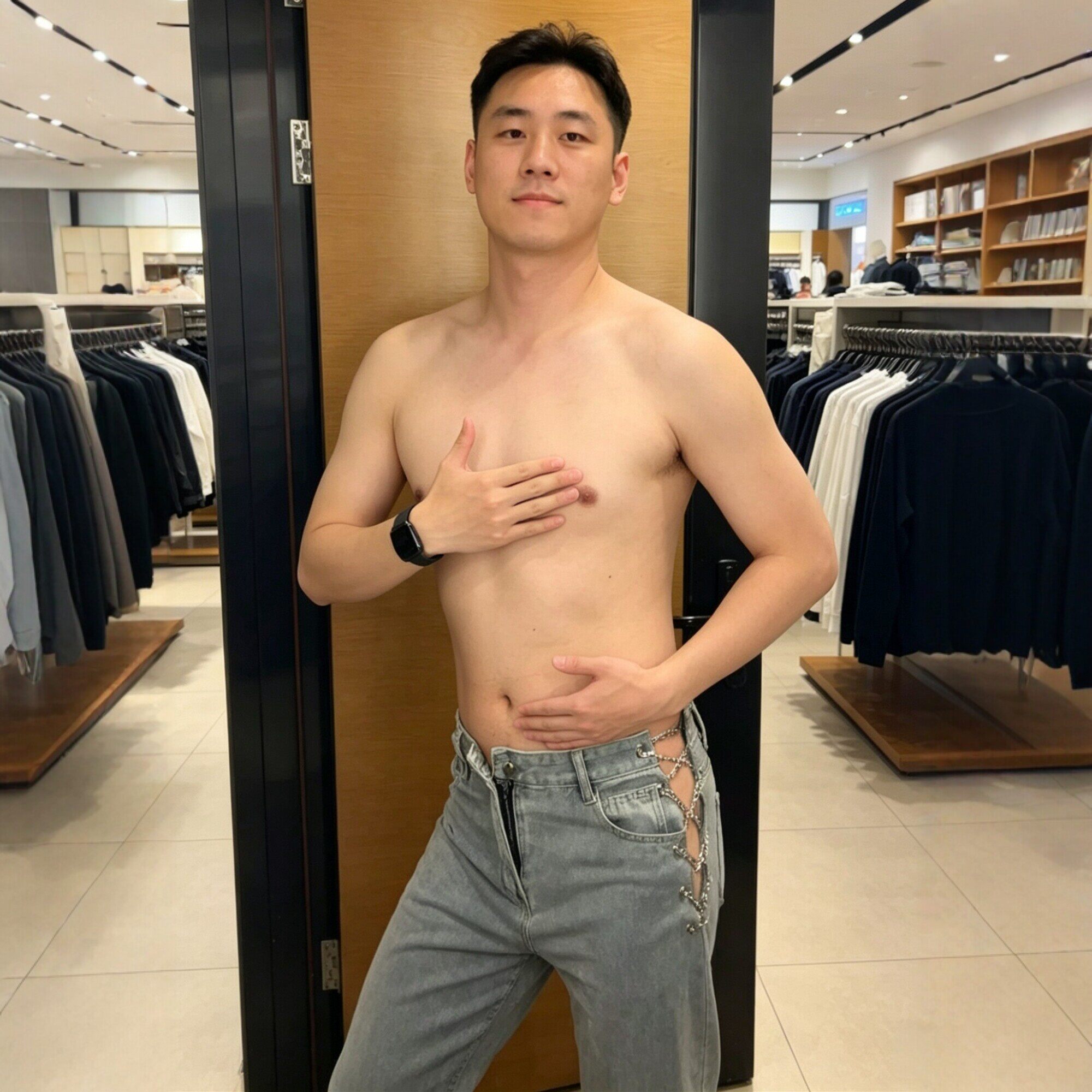 心机镂空侧边链条绑带欧美牛仔裤男士青年性感宽松直筒长裤潮夜店