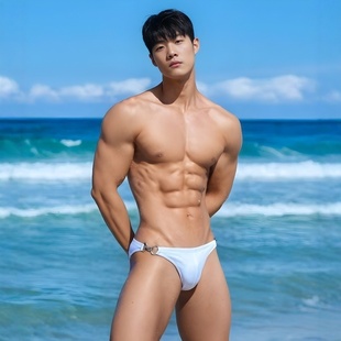 男士双扣金属带罩杯泳裤纯色时尚性低腰感三角侧开叉冲浪温泉泳衣