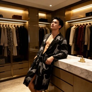 系带浴袍家居服长袖 简约豹子黑色印花睡袍中长款 青年睡衣 男士 薄款