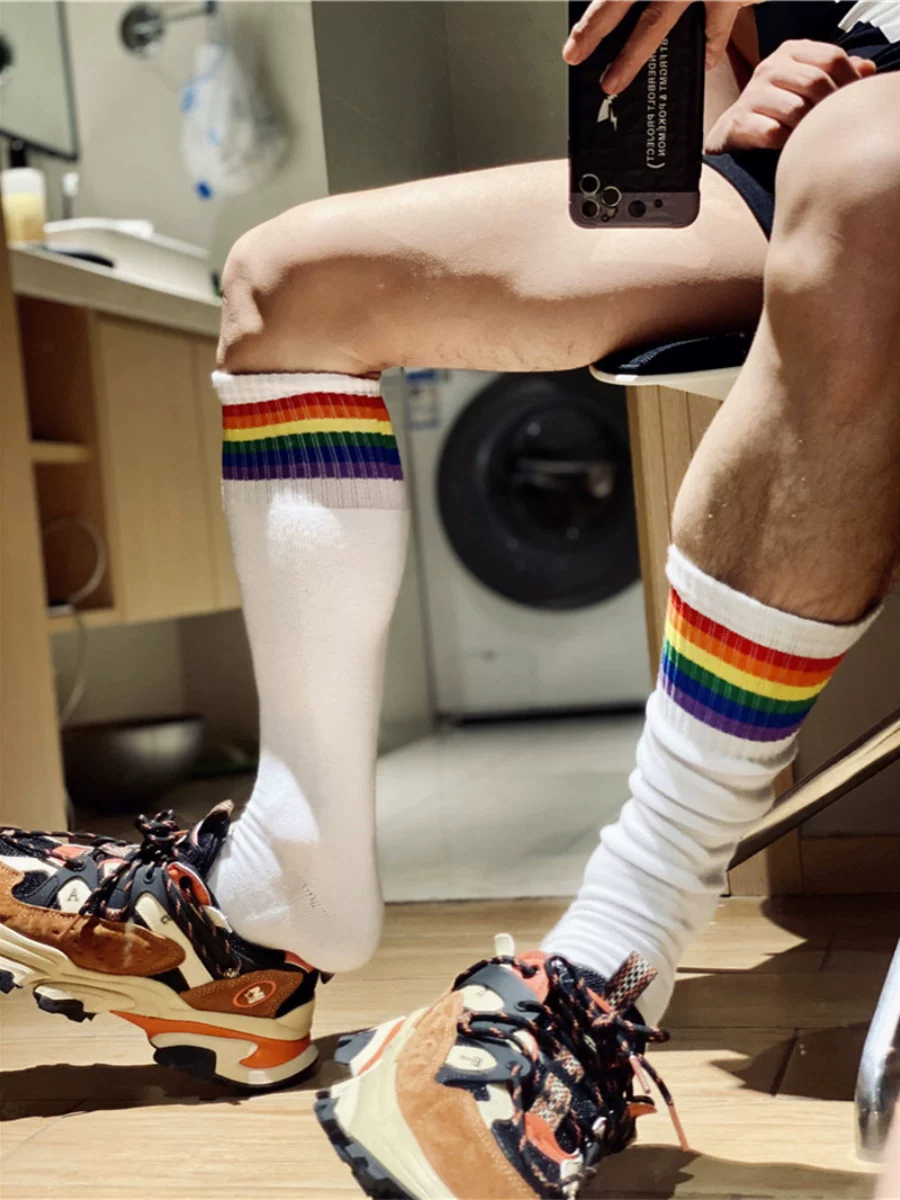 Rainbow high boots, trend sports demi-season football sexy knee socks for leisure