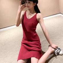 春秋修身针织吊带小黑裙性感中长款后开叉包臀内搭打底背心连衣裙