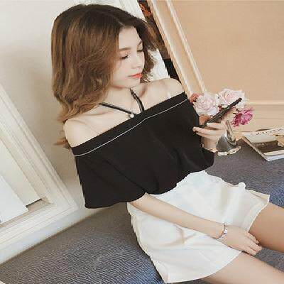 2019夏天新款挂脖一字肩短袖雪纺小衫很仙的法国小众露肩上衣服女在类目 女装/女士精品, 蕾丝衫/雪纺衫中 - 来自Buy2taobao.com提供专业的淘宝代购服务