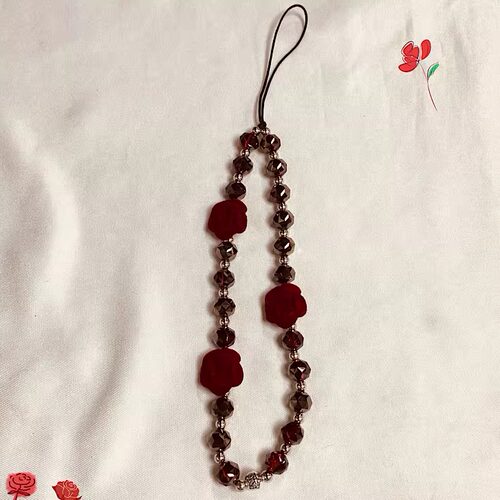 「暗夜玫瑰」哥特红色丝绒玫瑰串珠链时尚小众钥匙扣包包挂件