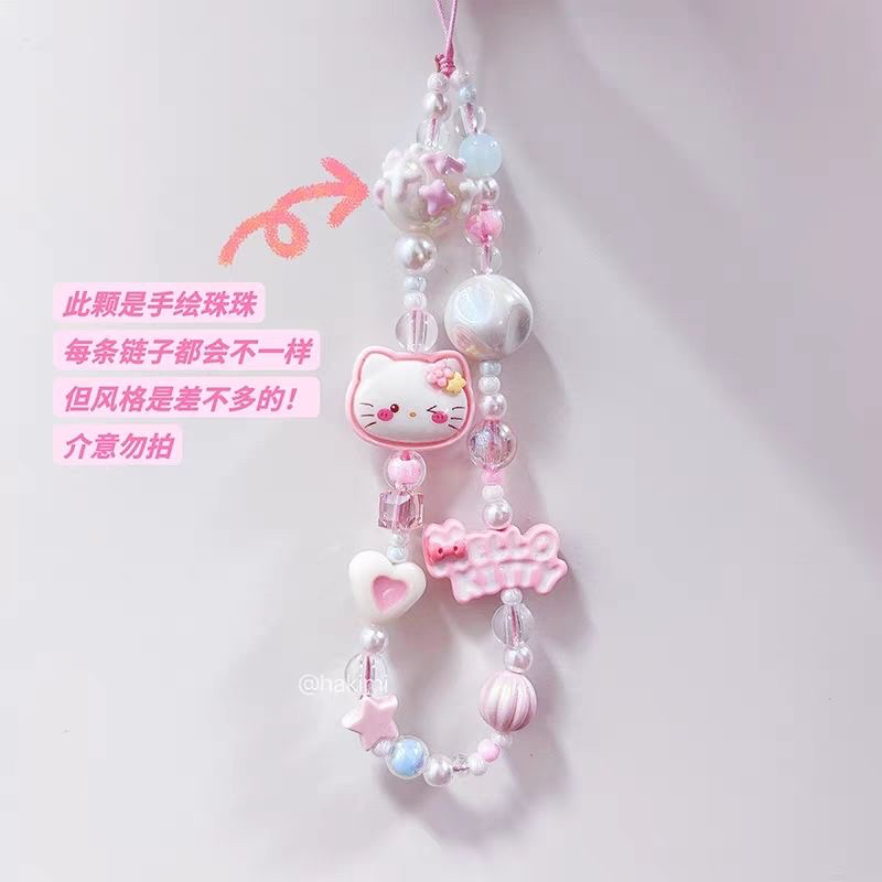 原创串珠KITTY猫粉色三丽鸥手绘可爱手机链ccd防丢相机绳挂链装饰