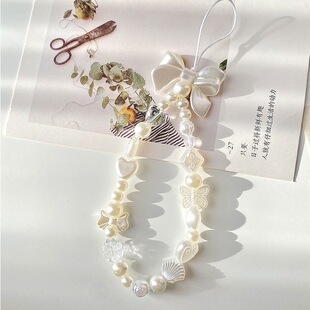 甜美系少女白色蝴蝶结配饰相机链手机链条ccd挂绳ins风串珠手腕式