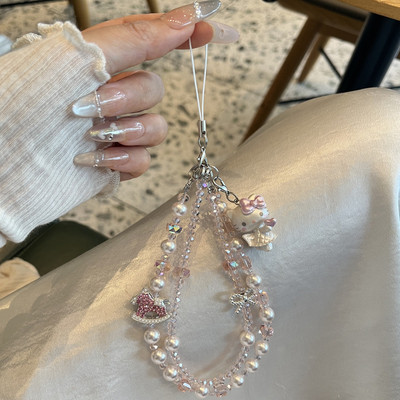 原创粉色珍珠闪钻木马串珠链可爱kitty挂绳链条ccd挂链