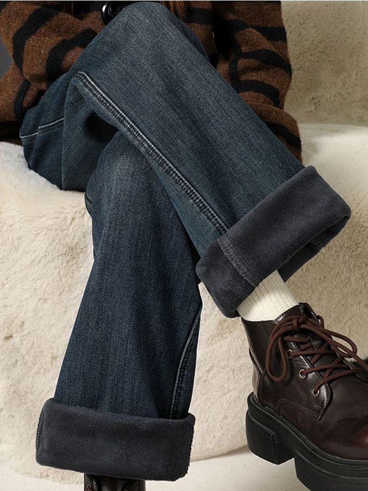 2025新款加绒牛仔裤女秋冬爆款高腰百搭窄版阔腿小个子宽松直筒裤