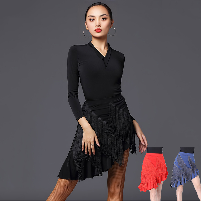 拉丁舞裙新款练功服女成人半身流苏裙中长款下装比赛舞蹈演出服装
