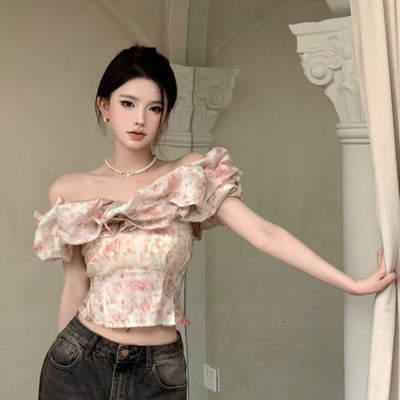 MTHE 设计感露肩性感一字肩方领碎花衬衫泡泡袖上衣 女款