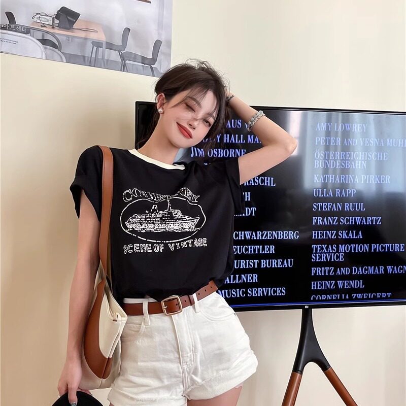 MTHE 夏季韩版复古印花T恤圆领休闲宽松百搭上衣 女款