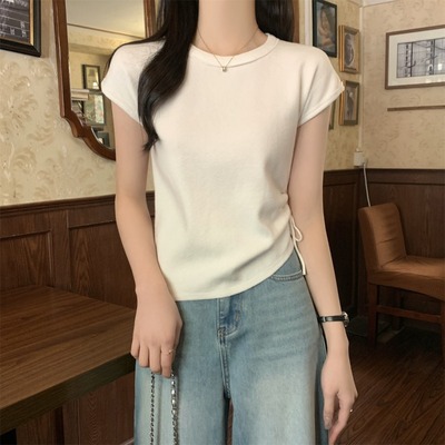 MTHE 春夏韩版气质纯色抽褶修身百搭针织短袖上衣 女款