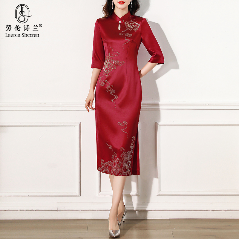 妈妈婚宴礼服红色新中式旗袍醋酸真丝连衣裙轻奢高端宴会礼服洋气