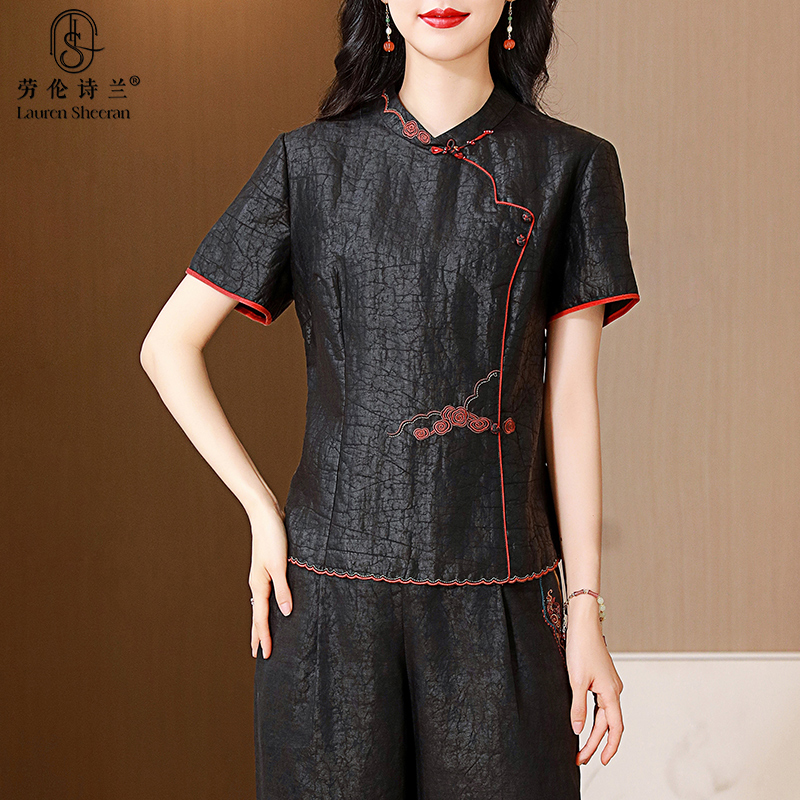 龟裂纹香云纱真丝上衣女2025新款大牌高端新中式短袖夏季妈妈女装