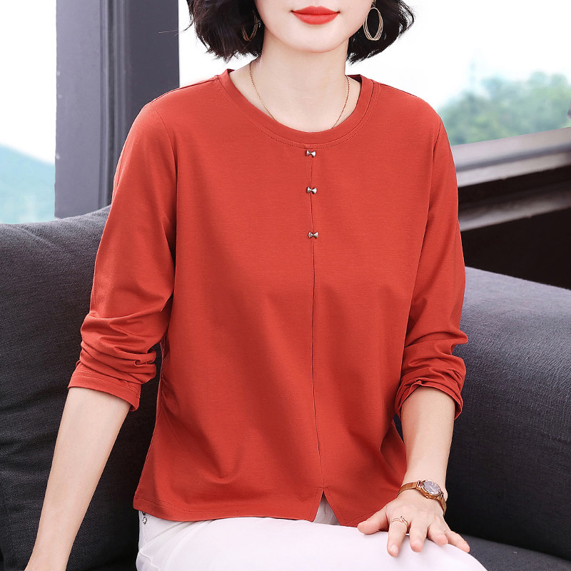妈妈时尚拼接纯色长袖T恤衫2026秋季新款中年女装宽松减龄打底衫