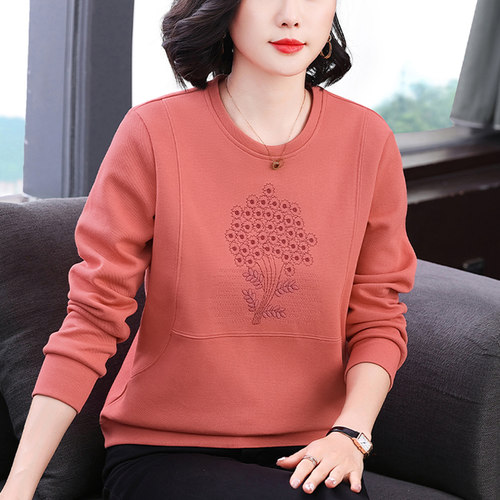 妈妈秋冬季卫衣时尚上衣2025新款中年女长袖T恤圆领刺绣宽松衣服