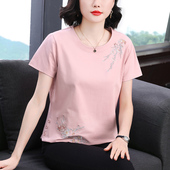 女装 T恤衫 刺绣新款 夏季 上衣 妈妈装 中年女士宽松休闲半袖 纯棉短袖