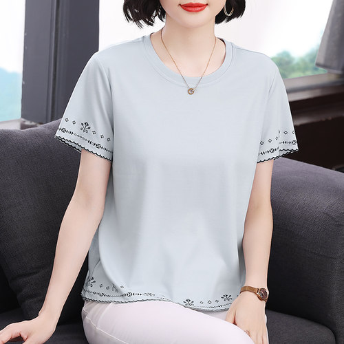 妈妈装纯色花边刺绣短袖T恤衫女装中年时尚休闲宽松百搭夏季上衣