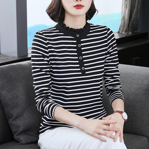 妈妈纯棉长袖T恤女立领上衣中老年秋装内搭显瘦半高领条纹打底衫