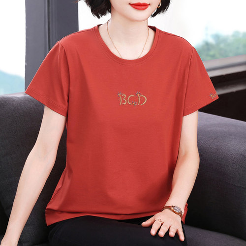 妈妈装新款纯色短袖T恤女装中老年时尚圆领宽松刺绣夏季休闲上衣