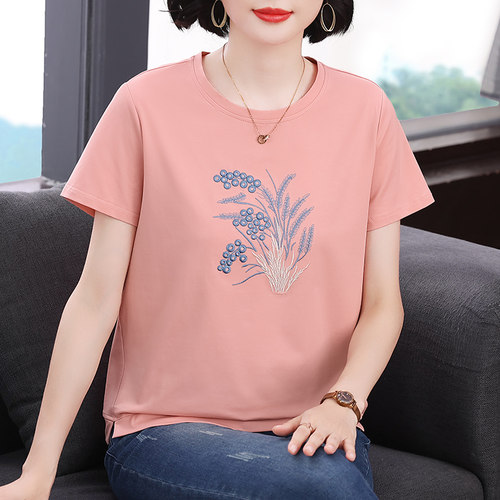 妈妈新款纯棉刺绣短袖T恤衫中老年女士时尚休闲宽松夏季圆领上衣