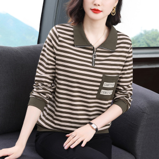 显瘦POLO上衣打底衫 T恤女士中老年大码 条纹翻领宽松长袖 妈妈春季