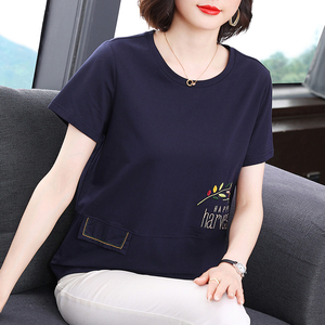 纯棉短袖T恤女新款中年妈妈刺绣宽松洋气半袖女士时尚遮肚子夏装