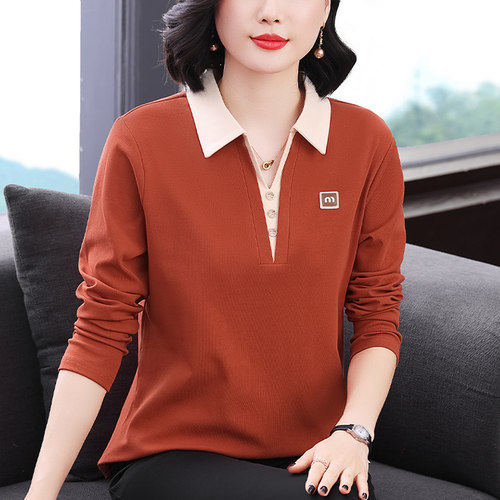 妈妈秋季新款纯棉长袖翻领拼色T恤衫中老年减龄宽松女上衣打底衫
