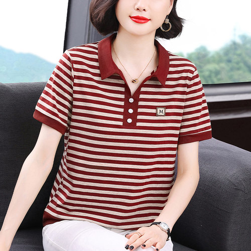 妈妈新款夏季纯棉短袖T恤杉中年女装翻领条纹休闲上衣宽松POLO衫