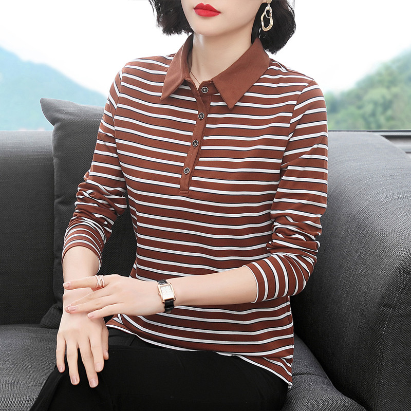 纯棉长袖t恤女有领子上衣中老年妈妈秋装2024款五十岁翻领打底衫