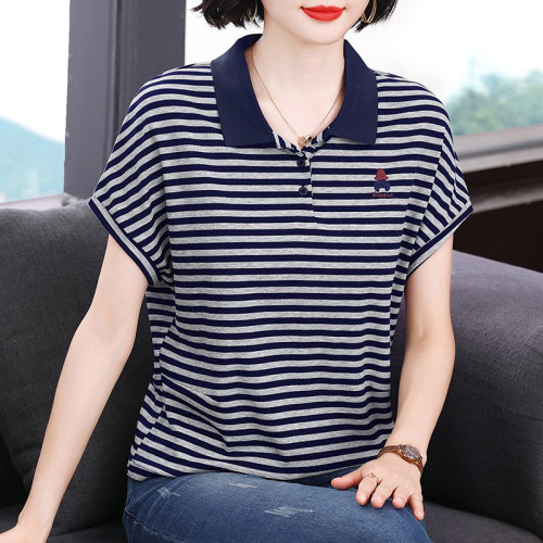 妈妈装新款翻领撞色条纹短袖T恤衫女中年时尚休闲蝙蝠袖宽松上衣