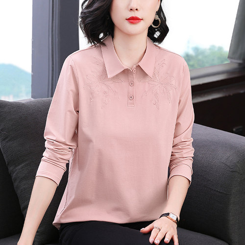 妈妈新款秋季翻领时尚长袖T恤衫女装中老年休闲刺绣大妈宽松上衣