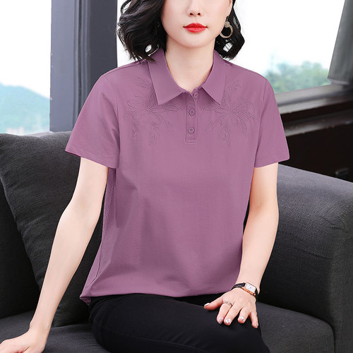 妈妈翻领纯棉短袖T恤女2026新款中年女装宽松刺绣上衣POLO领夏装