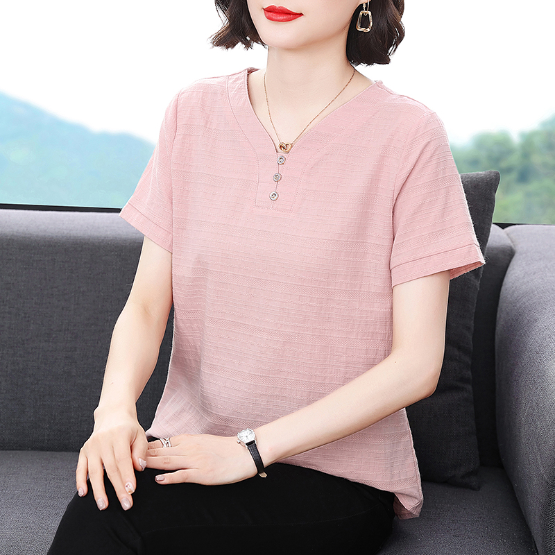 妈妈棉麻短袖T恤女2025新款宽松纯色V领中老年遮肚子夏季女士上衣