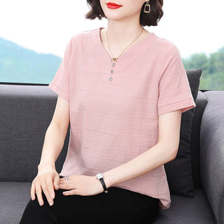 妈妈棉麻短袖T恤女2025新款宽松纯色V领中老年遮肚子夏季女士上衣