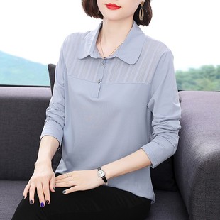 春秋POLO领中老年蕾丝拼接翻领打底衫 妈妈纯棉长袖 T恤女2025新款