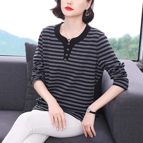 秋装纯棉条纹V领打底衫