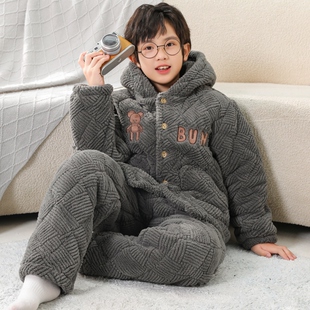 男童睡衣冬季加绒加厚儿童珊瑚绒中大童法兰绒三层夹棉2025新款潮