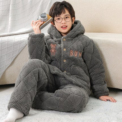 男童睡衣冬季加绒加厚儿童珊瑚绒中大童法兰绒三层夹棉2024新款潮