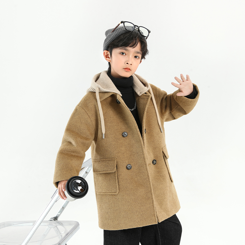 2025男童新款韩版宽松毛呢外套百搭休闲风衣男生加厚呢子大衣连帽